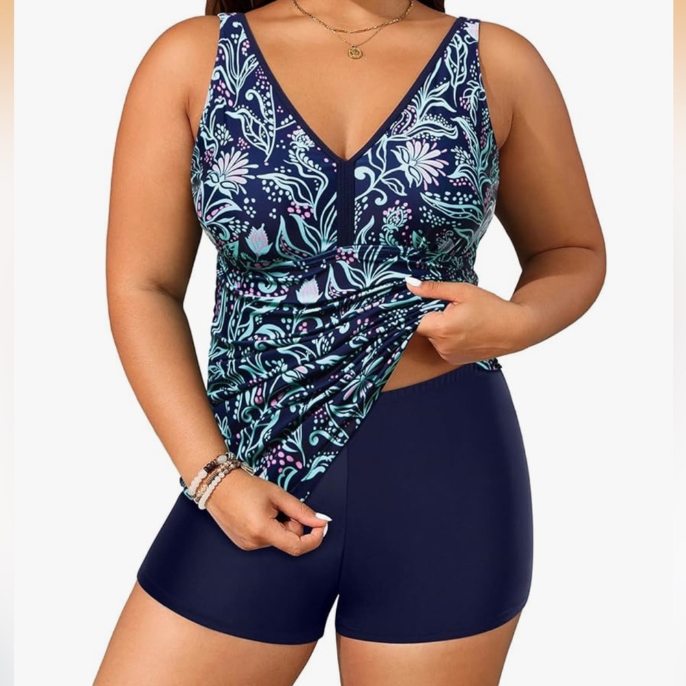 Yonique Plus Size Tummy Control Tankini with Boyshorts Athletic Swimwear - Picture 2 of 14